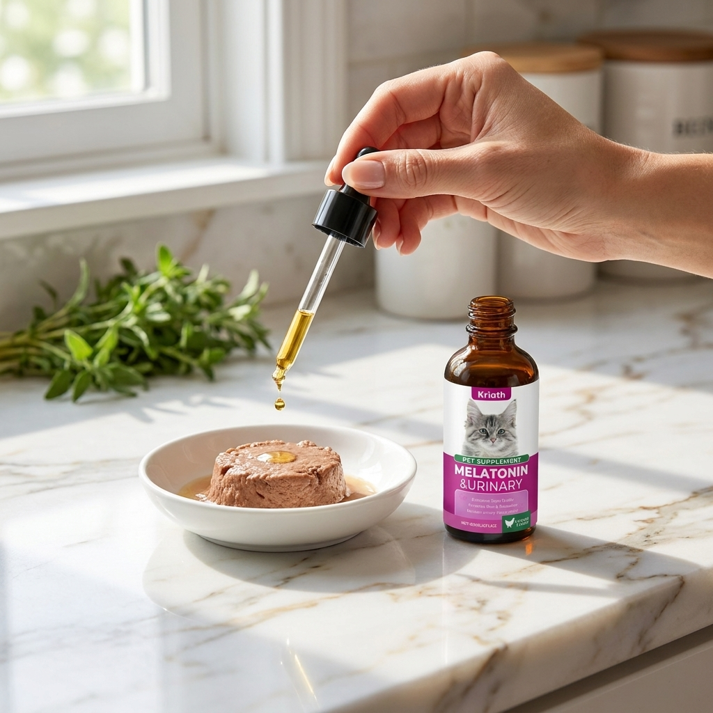 Hand using a dropper to add Urinary and Calming Supplement into a dish on a marble countertop.
