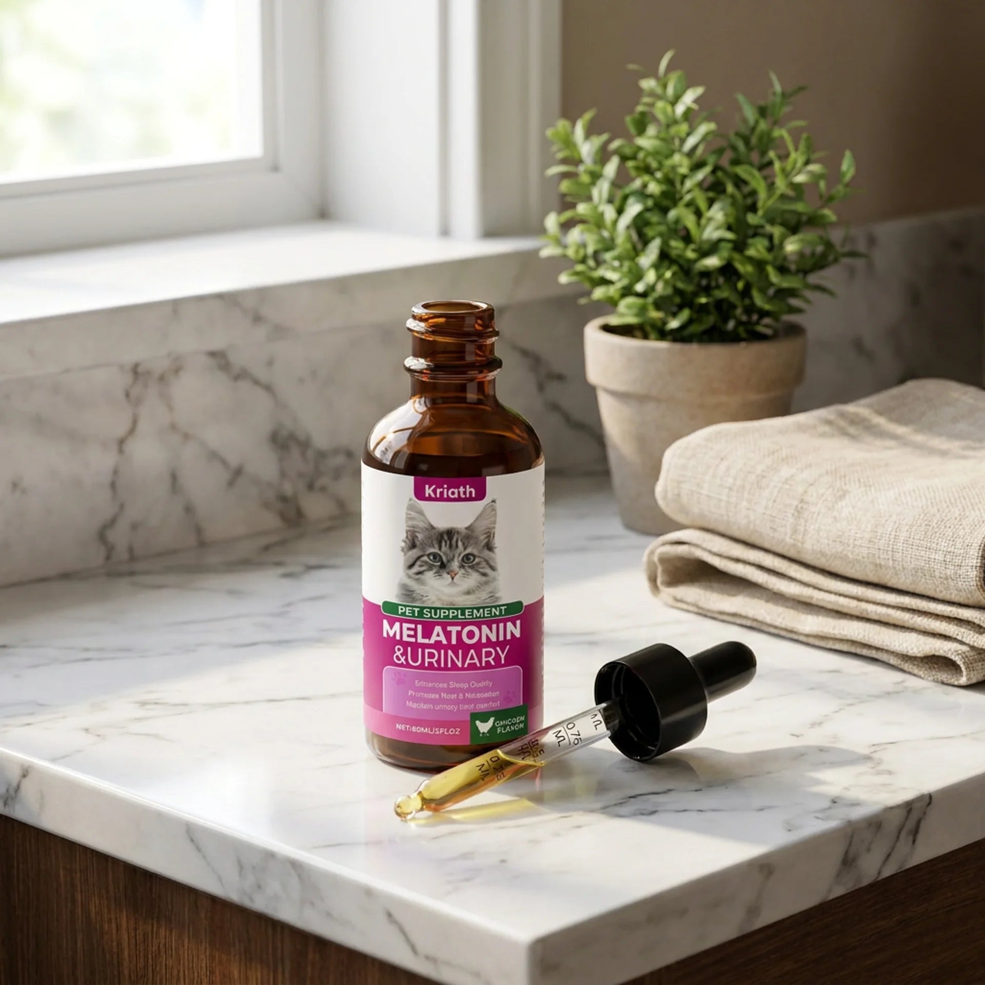 Melatonin & Urinary supplement bottle on a marble surface with a dropper and plant in the background.