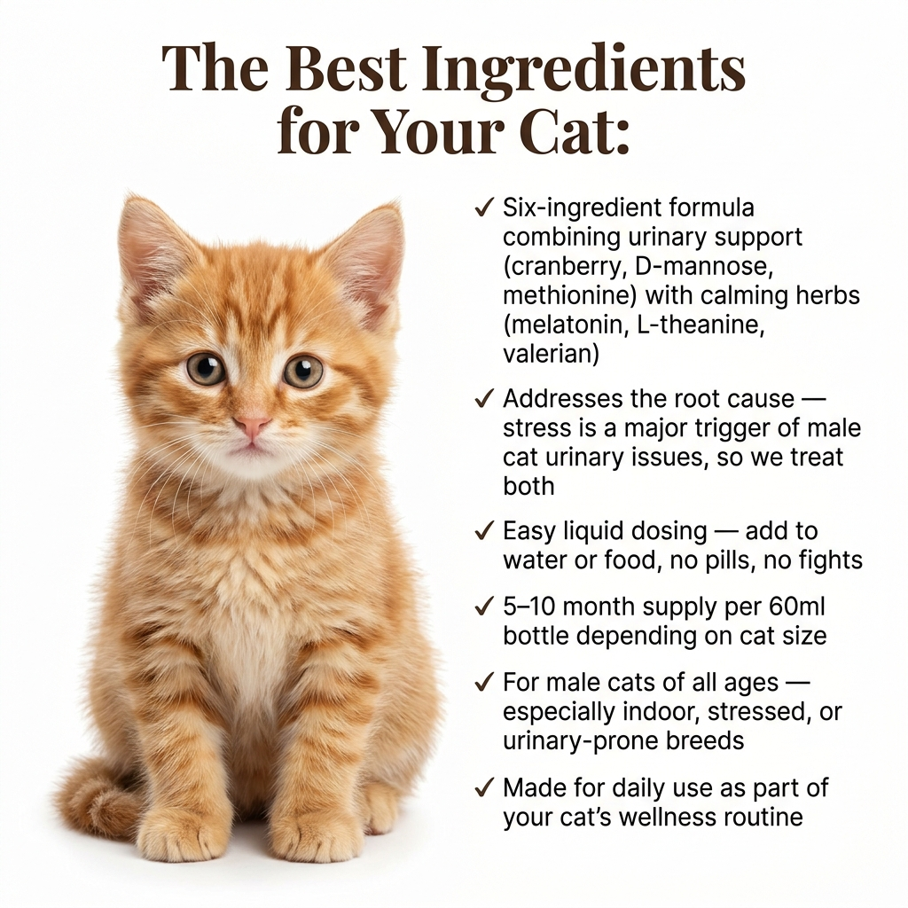 Orange kitten with text about the best ingredients for a cat's health on a white background